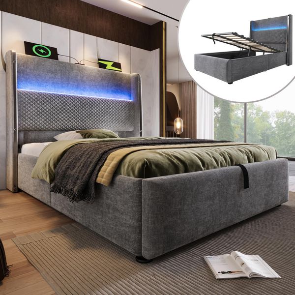 Letto Imbottito Idraulico Flieks 90X200Cm Con Connessioni Usb/Type-C, Letto Contenitore Letto Singolo Letto Giovanile Con Led, Lino, Grigio-image