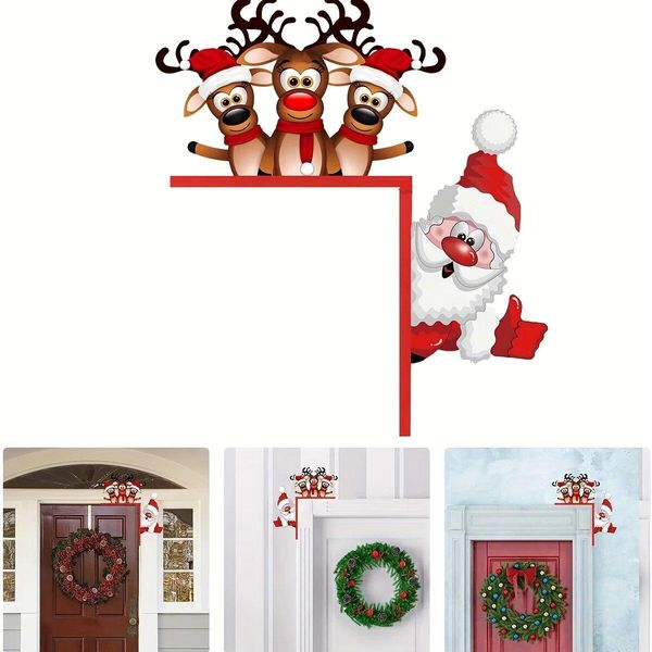 1 Pezzo Babbo Natale E Renna, Cartello Natalizio Per Porta, Scultura In Legno Per Soggiorno, Camera Da Letto, Decorazione Della Casa, Diritti, Legno-image