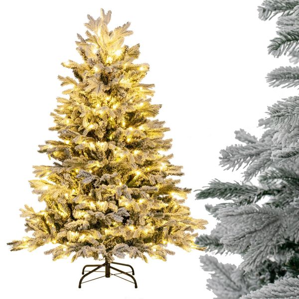 Costway Albero Di Natale Artificiale 135 Cm, Albero Di Natale 688 Punte Di Rami Misti Con Neve, 200 Led Bianchi Caldi, Albero Di Natale, Bianco Verde-image