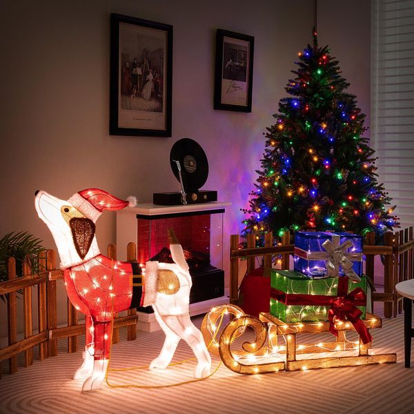 Costway Cane Led Con Slitta E Pacchetti Regalo, Decorazione Natalizia Con 170 Led Caldi, Figura Natalizia, Decorazione Natalizia, Illuminazione Natalizia-image