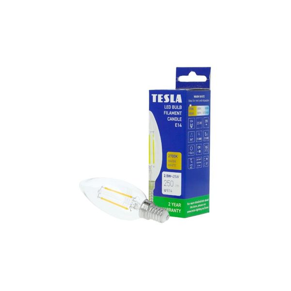 Tesla - Lampadina Led Filament Retro Candela E14, 2,5W, 230V, 250Lm,25 000H, 2700K Bianco Caldo, 360Deg, Trasparente-image
