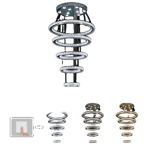 Lampada A Sospensione, Anelli Di Cristallo, Tecnologia Led Dimmerabile, 5 Anelli 60X50X40X30X20, 3 Colori Modificabili-image