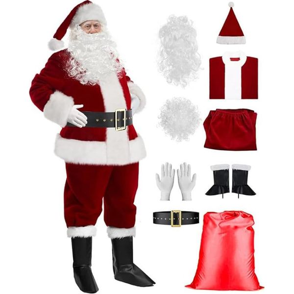 Costume Da Babbo Natale Per Uomo Completo Per Adulti Abito Di Velluto Natalizio Con Cappello Da Babbo Natale Giacca Di Natale Costumi In Maschera, Uomo, Set Da 9 Pezzi - Rosso, Taglia Unica-image