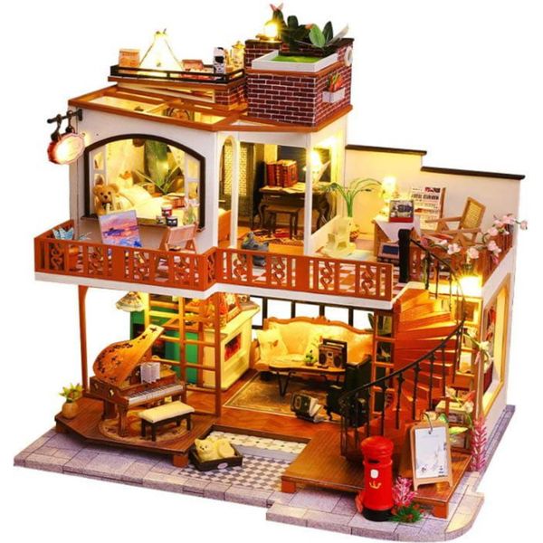 Habarri | Casa In Miniatura - Diy Casa Delle Bambole - Casa In Legno Con Mobili E Illuminazione A Led - Regalo Per Bambini - Villa Retrò-image