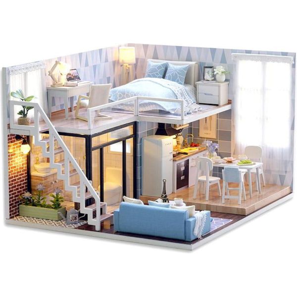 Habarri | Casa In Miniatura - Diy Casa Delle Bambole - Casa In Legno Con Mobili E Illuminazione A Led - Regalo Per Bambini - Soppalco Blu-image