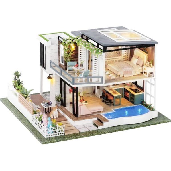 Habarri | Casa In Miniatura - Diy Casa Delle Bambole - Casa In Legno Con Mobili E Illuminazione A Led - Regalo Per Bambini - Costa Azzurra-image