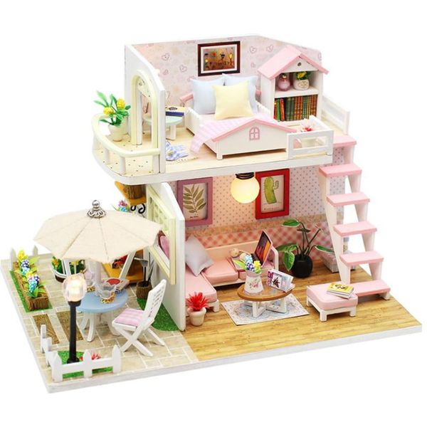 Habarri | Casa In Miniatura - Diy Casa Delle Bambole - Casa In Legno Con Mobili E Illuminazione A Led - Regalo Per Bambini - Soppalco Rosa-image