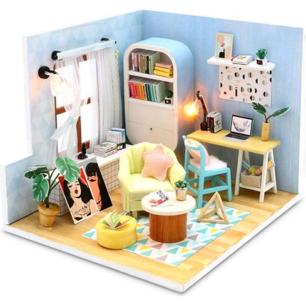 Habarri | Casa In Miniatura - Diy Casa Delle Bambole - Casa In Legno Con Mobili E Illuminazione A Led - Regalo Per Bambini - Blu Retrò-image