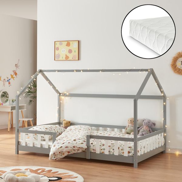 Letto Per Bambini 'Sisimiut' In Look Casa Con Materasso E Protezione Anticaduta In Legno Di Pino 120 X 200 Cm Grigio Chiaro / Bianco-image