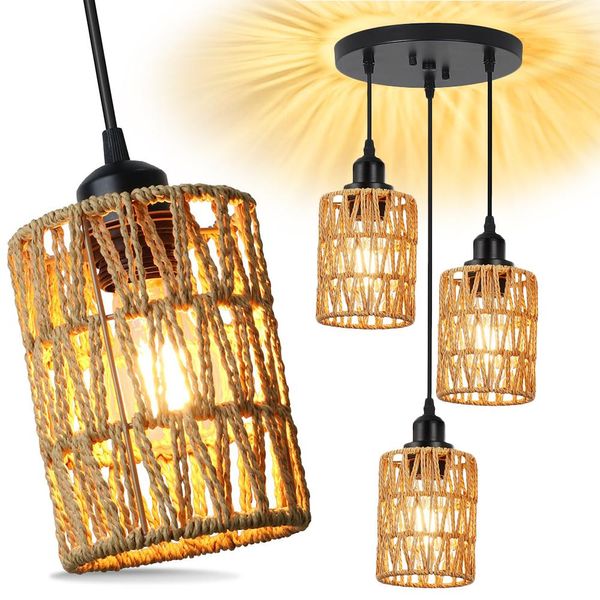 Lampada Da Tavolo A Sospensione In Rattan 3 Fiamme Lampada A Sospensione Vintage Lampada Da Soffitto Lampada Boho Lampada A Sospensione Da Tavolo E27 Lampada Da Soffitto, Ø30Cm, H120Cm, Bianco Caldo-image