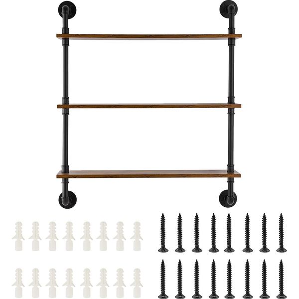 Succebuy Scaffale Industriale In Tubo A 3 Livelli, 81,3 X 20,0 Cm, Montaggio A Parete, Espositore Rustico In Legno, Scaffale Galleggiante Per Cucina, Camera Da Letto, Bagno, Nero-image