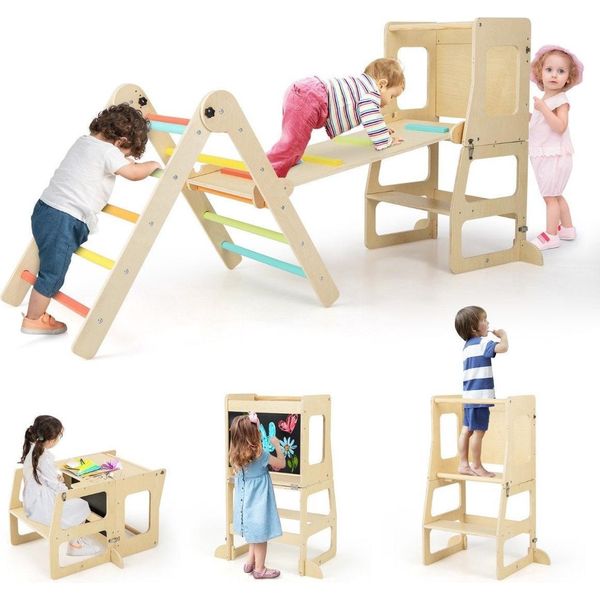 Triangolo Di Arrampicata Con Scivolo 7 In 1 Struttura Di Arrampicata Indoor Per Bambini Dai 3 Anni Multicolore + Naturale-image