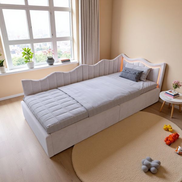 Letto Imbottito Unboxg 90×200 Cm In Tessuto Vellutato Beige - Divano Letto E Divano Letto Per Bambini Con Illuminazione A Led, Vano Portaoggetti E Molla A Pressione A Gas-image
