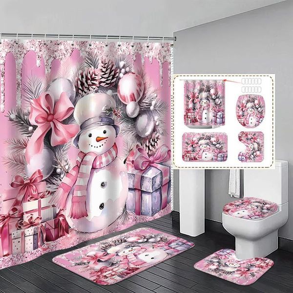 Set Di Tende Da Doccia Natalizie Per Il Bagno, 4 Pezzi: Tenda Da Doccia, Tappetino Da Bagno Antiscivolo, Coperchio Del Water E Tappetino Da Bagno-image