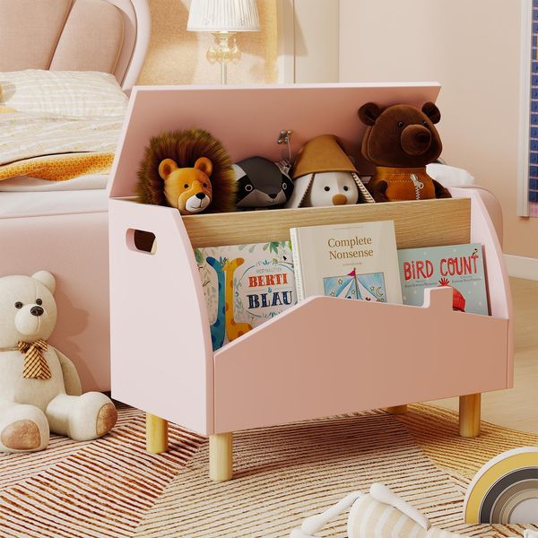 Costway 60X30X44Cm, Cassetta Per Giocattoli Con Ripiano E Coperchio, Cassetta Per Giocattoli Per Bambini, Contenitore Per Giocattoli Rosa-image