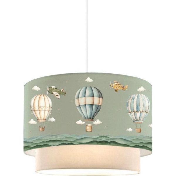 Lampada Da Soffitto Per Bambini Con Motivo A Mongolfiera, Paralume Verde 30X20 Cm-image