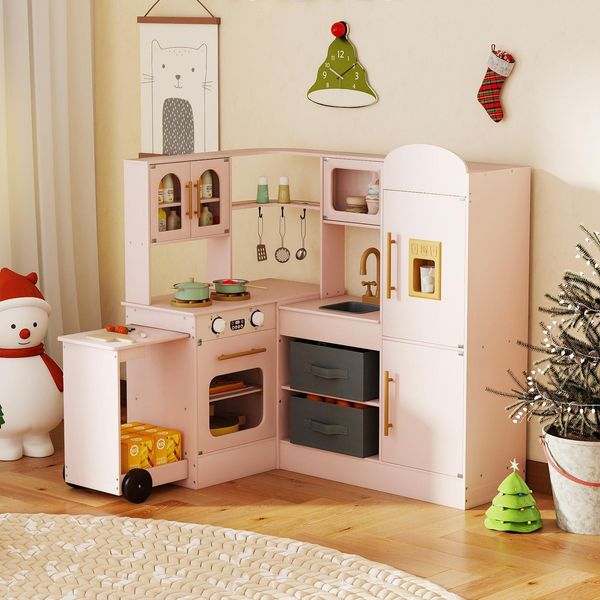 Cucina Per Bambini Costway Con Piano Di Lavoro Estraibile, Lavello, Fornello, Forno, Frigorifero, Luci, Suoni, Accessori E Cestini In Tessuto Cucina Giocattolo Per Bambini 3+Rosa-image