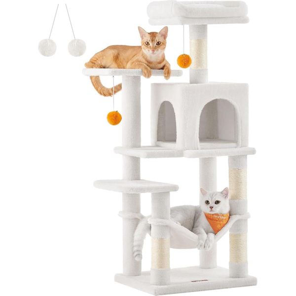 Tiragraffi Feandrea Per Gatti, Altezza 112 Cm, Torre Gioco, Con 4 Tiragraffi, 2 Piattaforme, 1 Nicchia, 1 Amaca, 2 Pompon, Tessuto Felpato, A Più Livelli-image