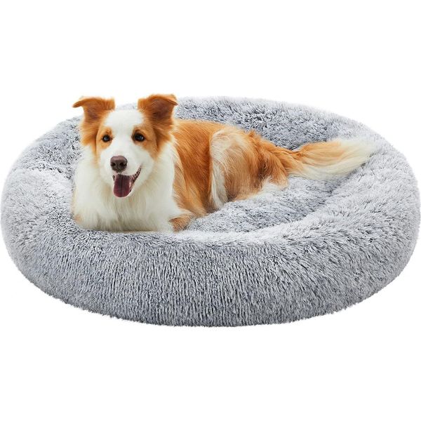 Lettino Per Cani Feandrea, Cestino Per Gatti, Cuscino A Ciambella, Lavabile, Imbottitura Centrale Rimovibile, Peluche Lungo, Diametro 100 Cm, Grigio Ombra-image