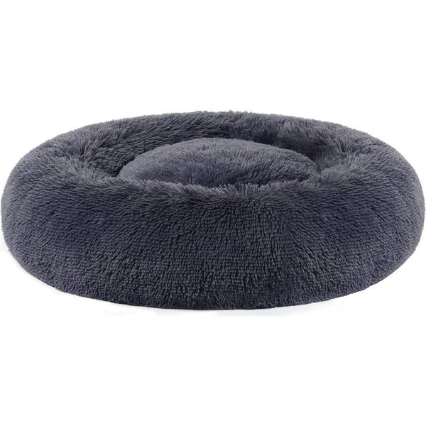 Lettino Per Cani Feandrea, Cestino Per Gatti, Cuscino A Ciambella, Lavabile, Imbottitura Centrale Rimovibile, Peluche Lungo, Diametro 70 Cm, Grigio Scuro-image