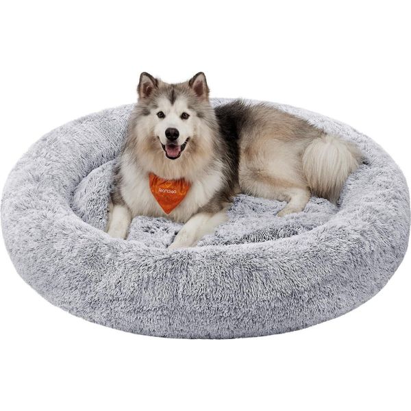 Lettino Per Cani Feandrea, Cestino Per Gatti, Cuscino A Ciambella, Lavabile, Imbottitura Centrale Rimovibile, Peluche Lungo, Diametro 140 Cm, Grigio Ombra-image