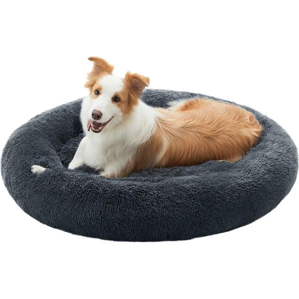 Lettino Per Cani Feandrea, Cestino Per Gatti, Cuscino A Ciambella, Lavabile, Imbottitura Centrale Rimovibile, Peluche Lungo, Diametro 100 Cm, Grigio Scuro-image