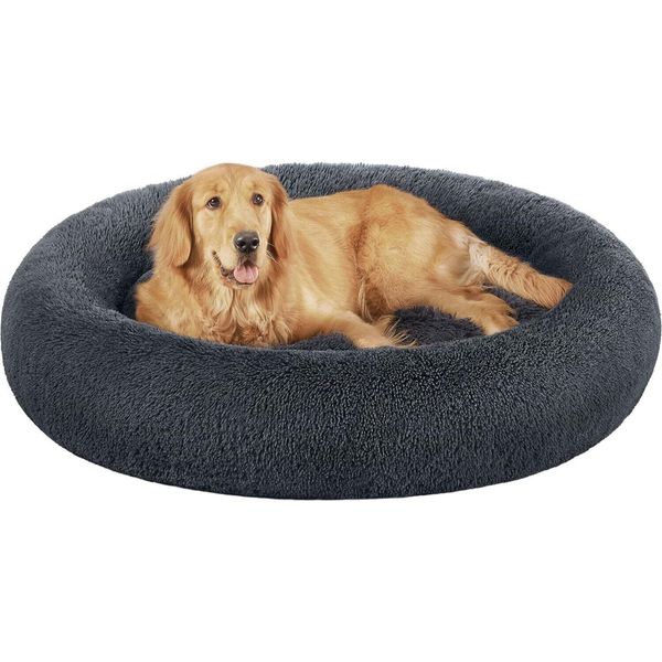 Lettino Per Cani Feandrea, Cestino Per Gatti, Cuscino A Ciambella, Lavabile, Imbottitura Centrale Rimovibile, Peluche Lungo, Diametro 120 Cm, Grigio Scuro-image