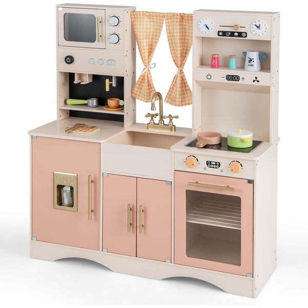 Cucina Per Bambini Costway Con Accessori Da Cucina, Cucina Giocattolo In Legno Per Bambini A Partire Dai 3 Anni (Rosa)-image