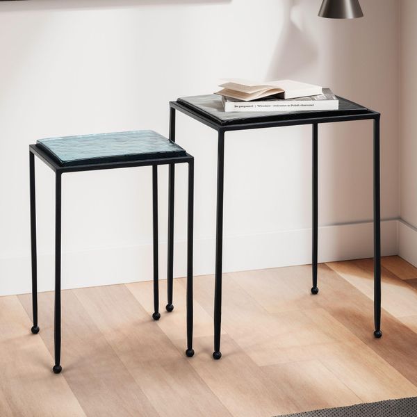 Wohnling Tavolino Set Di 2 Tavolino Blu Nero Tavolino In Vetro Metallo Quadrato Tavolino Da Salotto Moderno Di Fantasia Tavolino Quadrato Da Divano 2 Pezzi-image