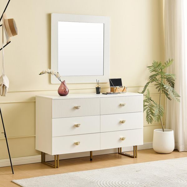 Set Credenza E Specchio Merax, Cassettiera Con Accenti Dorati E Cassetti, Toletta Con Specchio A Parete, Ideale Per Corridoio, Camera Da Letto, Soggiorno-image
