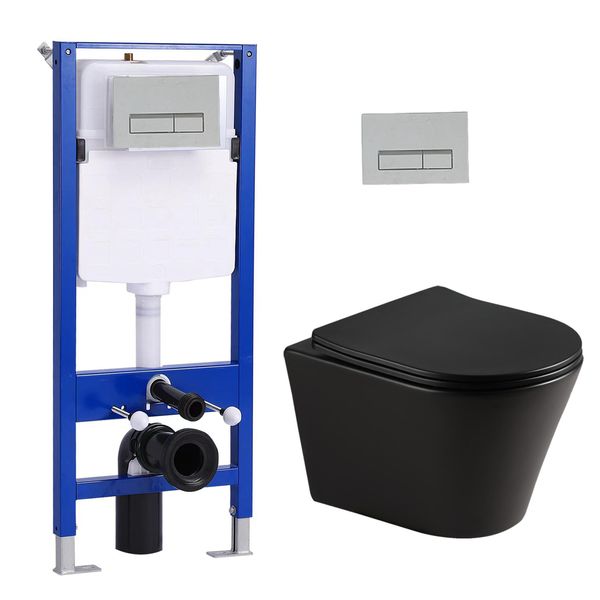 Set Di Elementi Da Incasso Per Wc + Wc Sospeso Senza Bordo Nero Opaco + Cassetta Da Incasso Da 114 Cm Con Piastra Di Spinta Rettangolare Cromata Horow-image