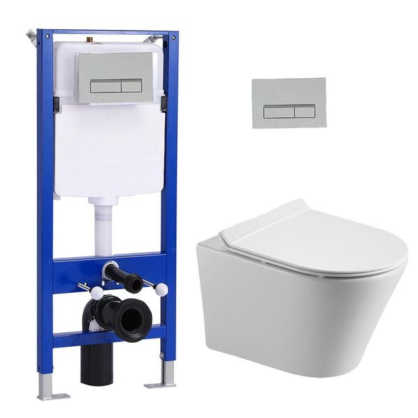 Set Di Elementi Da Incasso Per Wc + Wc Sospeso Senza Bordo + Cassetta Da Incasso Da 114 Cm Con Piastra Di Spinta Rettangolare Cromata Horow-image