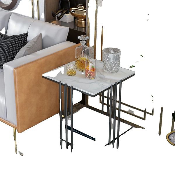 Tavolino Da Divano, Design A 2 Livelli, Piano In Marmo, Struttura In Metallo Nero, Nero-image