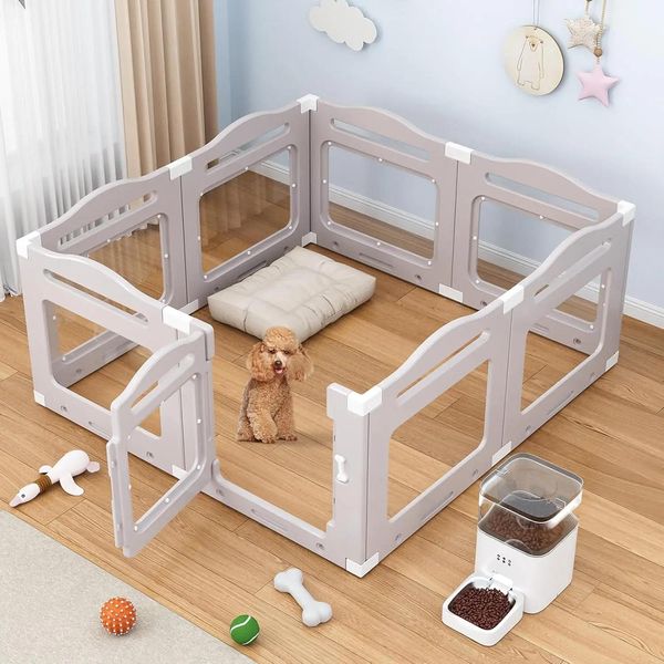Box Per Cuccioli / Recinto Per Cani - Con Porta - Altezza 60 Cm - 8 Pannelli - In Plastica Trasparente - Taglia S - Nero-image