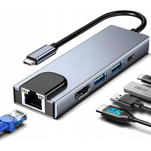 Adattatore Hub USB-C 5In1 Hdmi 4K RJ45 Lan 100Mb/S 100W Pd Usb 3.0 Dock-image