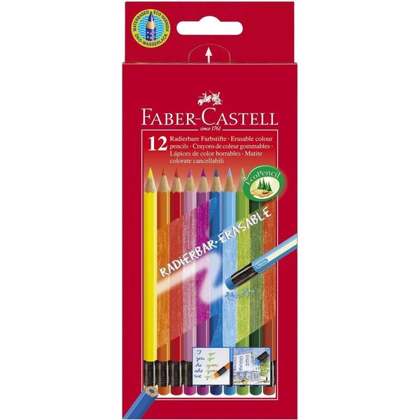 FABER-CASTELL 116612 Matita Colorata Cancellabile - 12 Colori Assortiti Con Gomma, Scatola Di Cartone-image