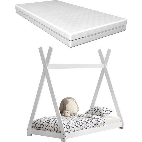 [Letto Per Bambini Bianco Con Materasso 80X160Cm Letto In Legno Di Pino Design Tipi Letto In Legno Letto Per Casa Materasso In Schiuma Fredda Oeko-Tex Standard 100 Adatto A Chi Soffre Di Allergie Traspirante-image
