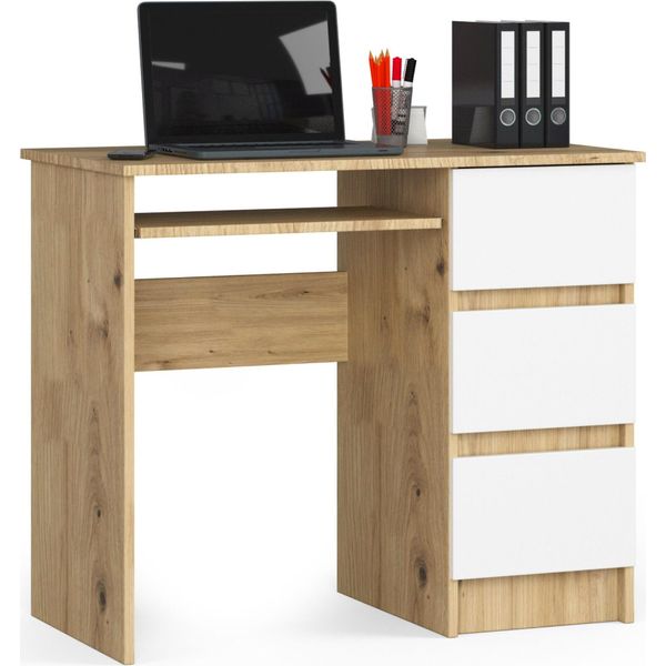 Scrivania A-6 90 Cm Destra Rovere Artisan Bianca Con Ripiano Estraibile E 3 Cassetti-image