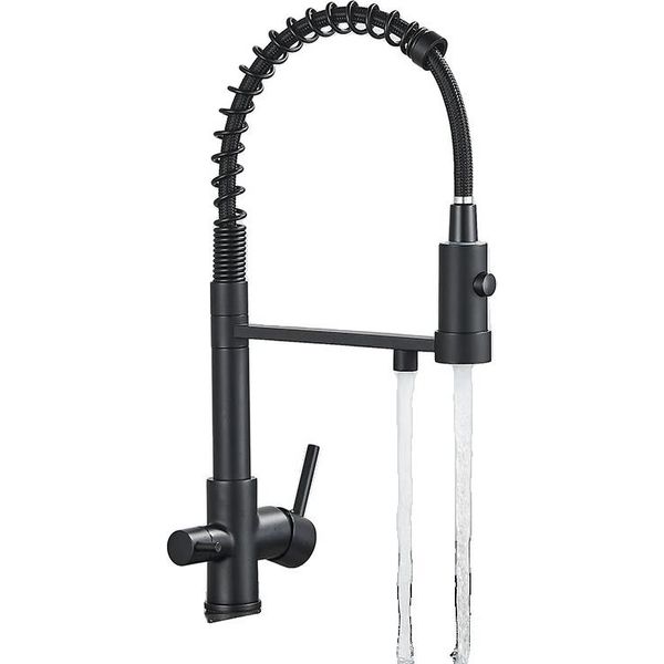 Rubinetto Da Cucina Ad Acqua Filtrata, Design A Doppia Maniglia, Funzione Spray Estraibile, Nero Opaco-image