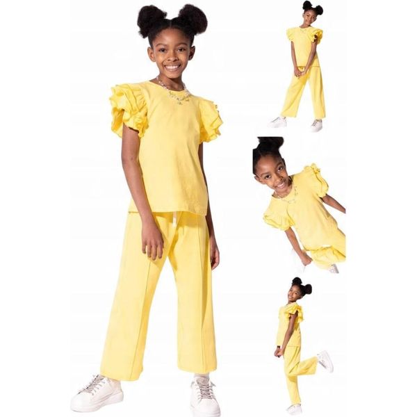 Mod Jeans | Completo Estivo Per Bambina - T-Shirt Con Volant E Pantaloni Larghi - Giallo - Comodo Ed Elegante Taglia 140, Età 10 Anni-image