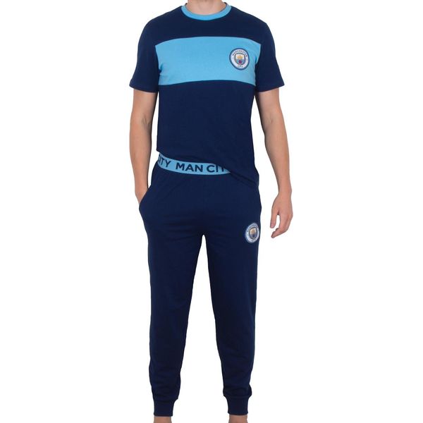Manchester City Fc - Pigiama "Premium"" Con Pantaloni Lunghi Da Uomo GF985 (M) (Navy/Blu Cielo)"-image
