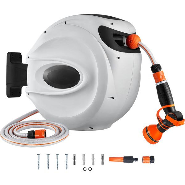 Succebuy Avvolgitubo Retrattile, 24 M X 1,27 Cm, Staffa Girevole A 180° Per Il Montaggio A Parete, Tubo Per L'acqua Da Giardino Con Ugello A 9 Modelli E 3 Adattatori Rapidi, Rientro Automatico-image