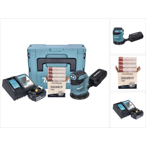 Levigatrice Rotorbitale A Batteria Makita Dbo 180 RF1J 18 V 125 Mm + 1X Batteria Ricaricabile 3,0 Ah + Caricabatterie + Set Di Levigatura Toolbrothers Spider Con Abrasivo Di Rete + Makpac-image