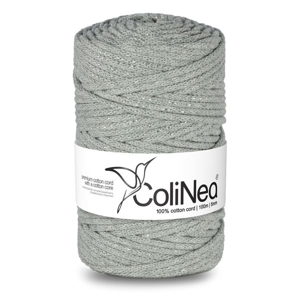 Colinea, Cordoncino In Cotone Con Anima In Cotone, Intrecciato, 5 Mm, 100 M, Grigio Con Filo D'argento-image