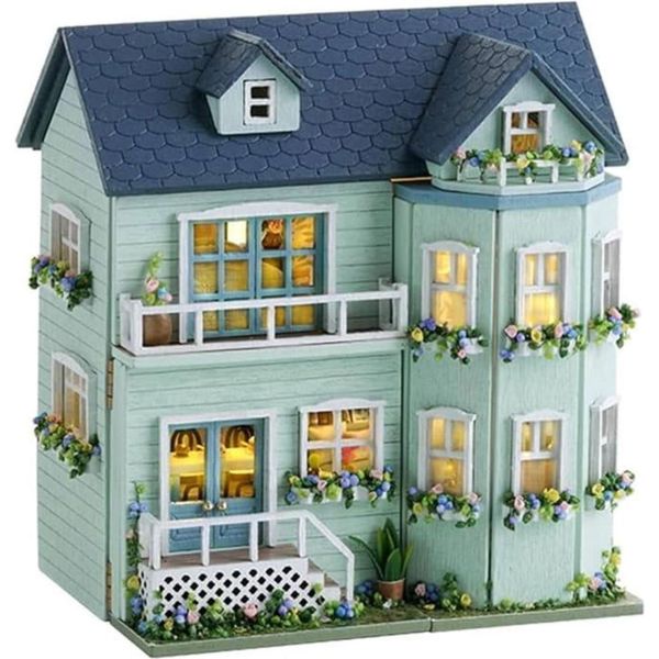 Habarri | Casa In Miniatura - Diy Casa Delle Bambole - Casa In Legno Con Mobili E Illuminazione A Led - Regalo Per Bambini - Villa Familiare-image