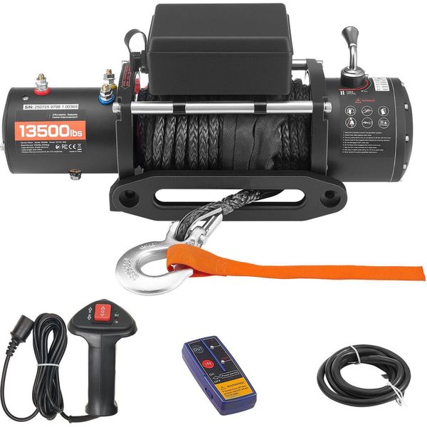 Succebuy Argano Elettrico A Fune, 6100 Kg, 12 V Dc Con Cavo Sintetico Di 26 M, Telecomando Senza Fili E Con Cavo, IP55, Adatto Per Veicoli Fuoristrada, Jeep, Rimorchi E Imbarcazioni-image