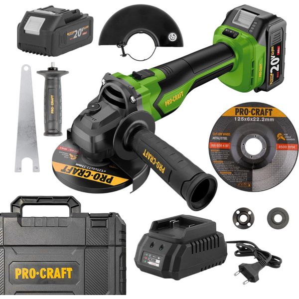 Smerigliatrice Angolare A Batteria Procraft PGA22-1B-C 20 V 125 Mm Brushless + 1X Batteria 4,0 Ah + Caricabatteria + Valigetta-image
