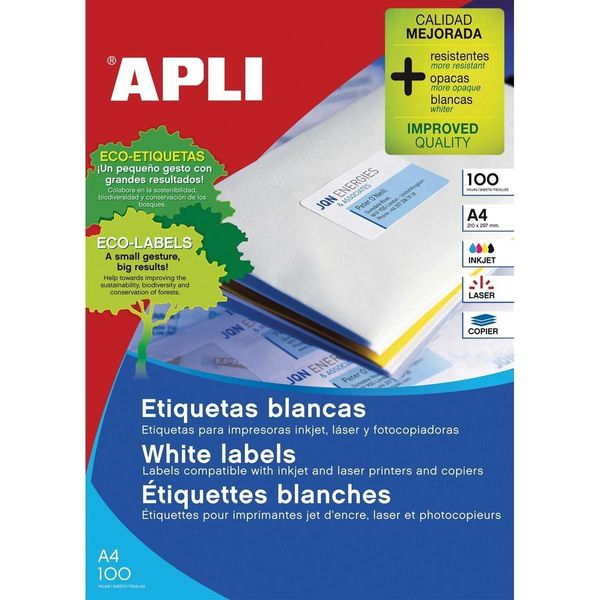 Apli Confezione Da 100 Fogli 105X70 Mm Di Etichette Per Getto D'inchiostro/Laser/Copiatrice Con Bordo Dritto Bianco-image