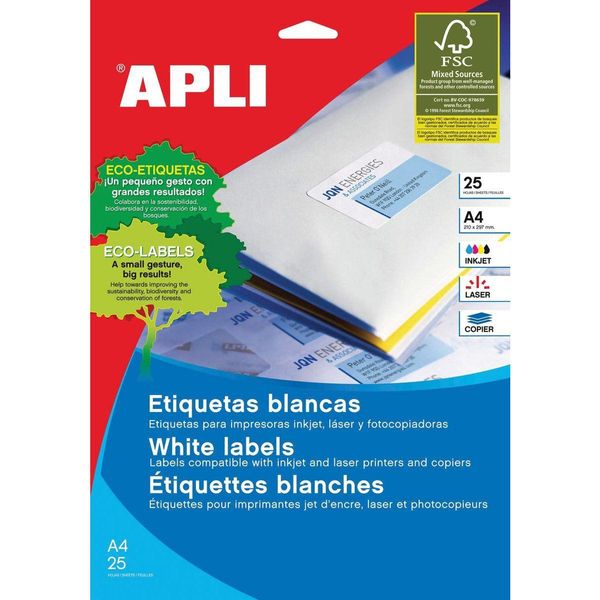 Etichette Permanenti Bianche Apli 210,0 X 297,0 Mm 25 Fogli-image