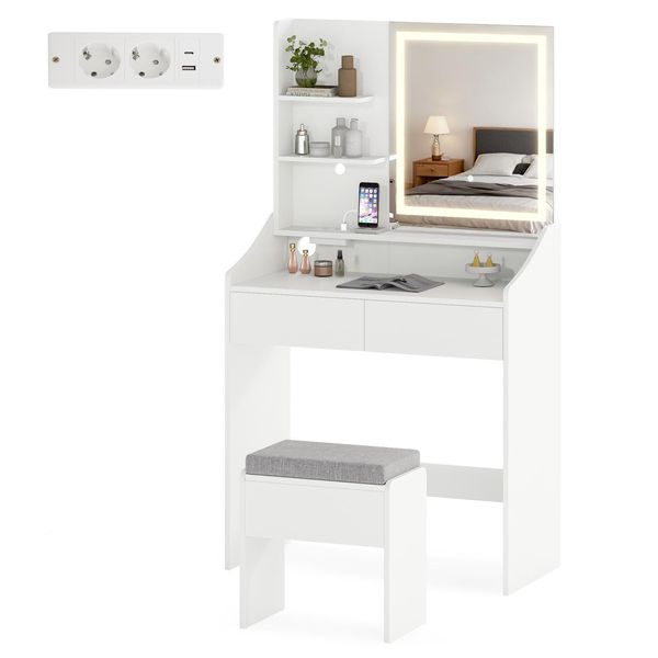 Tavolino Da Toilette Costway Con Sgabello E Specchio Led A 3 Colori, Tavolino Da Toilette Con Stazione Di Ricarica Integrata E Cassetti, Tavolino Per Cosmetici 80X39X142Cm-image